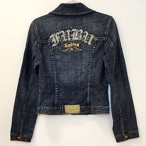 FUBU Y2K  Ladies Dinem Embellished Jean Jacket Dark Blue Sz Med